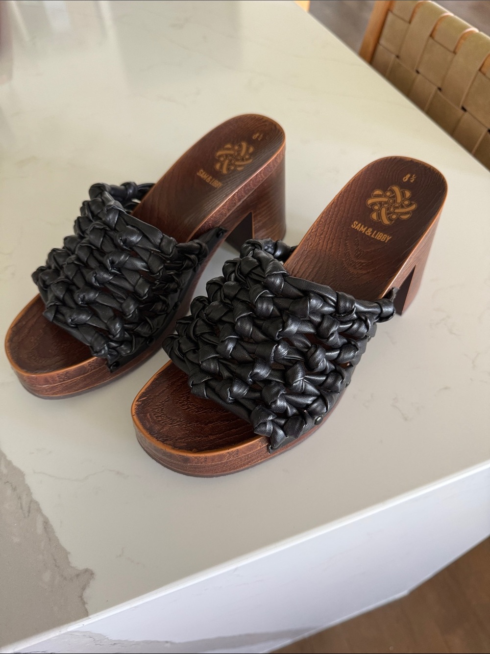 Sam & Libby Black Braided Leather Platform Clog Mules